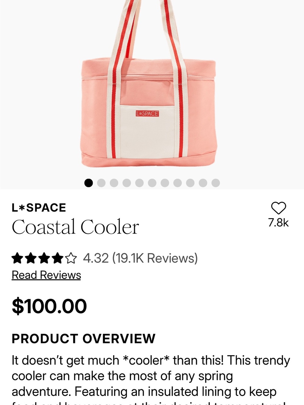 l*space Coral Pink Coastal Cooler Tote with Ivory Trim